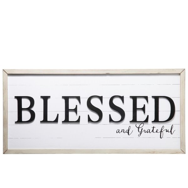 Urban Trends Collection Wood Rectangle Wall Decor with Frame Blessed  Grateful Writing White 31121